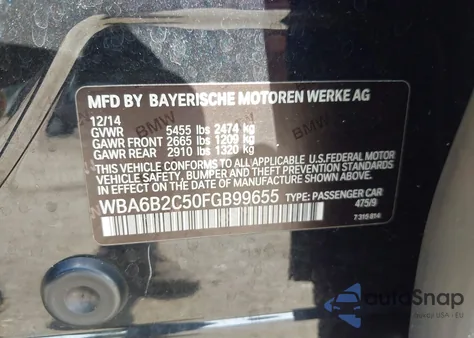 2015 BMW 650I Gran Coupe из США, поврежденный, VIN WBA6B2C50FGB99655